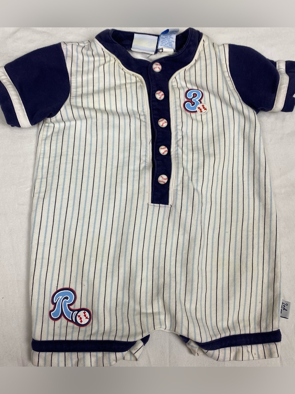 First Moments Navy Baby Romper with Baseball Button